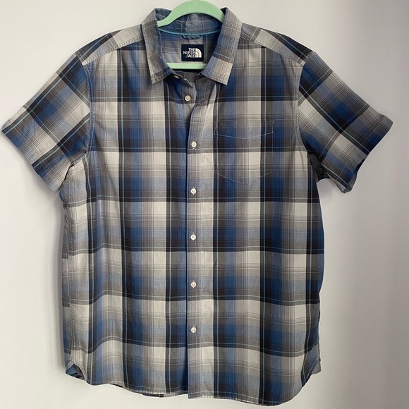 Men’s The North Face Plaid Short Sleeve Hammetts Button Down Blue Gray Size XL - Picture 2 of 16